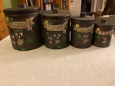 Vintage Owl Ceramic CanistersSet Of 4 Floursugarcoffeetea. Faux Wood • $20