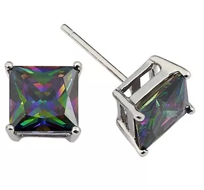 Unisex 925 Sterling Silver Square Mystic Fire Rainbow CZ Stud Earrings Gift PE22 • $9.45