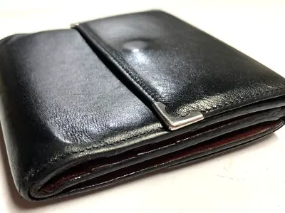 Cartier Vintage Cabochon Metal Edges Leather Wallet Trifold Purse France Black • $111.24