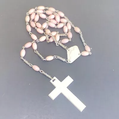 Vintage Catholic Rosary Plastic Pink Beads With White Cross & Centerpiece • $16