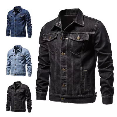 Mens Denim Jacket Lapel Neck Trucker Jackets Men Business Long Sleeve Coat • $69.99