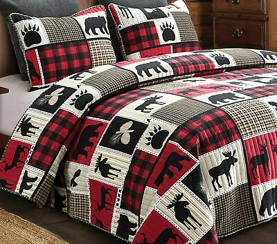 Twin Size Lodge Life 2 Pc Quilt Sham Wildlife With Red Plaid Buffalo Checks • $48.79