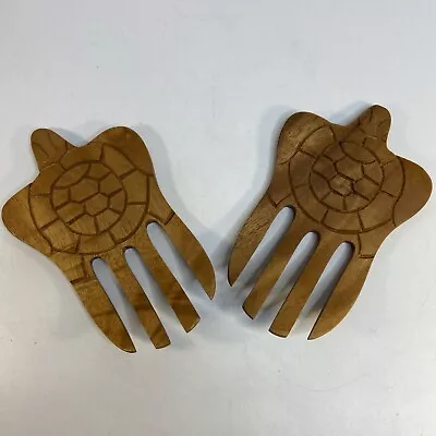 Monkey Pod Salad Claw Fork Set Wood Tropical Hawaii Luau Turtle Design Tiki • $17.99