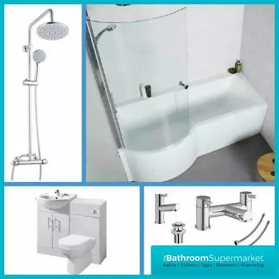 P Shaped Bathroom Suite 1700 Bath 550 Vanity Unit BTW Toilet WC Taps & Shower • £649