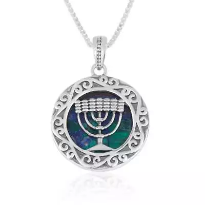 Sterling Silver & Eilat Stone MENORA Necklace - Made In Israel Menorah Pendant • $67.99