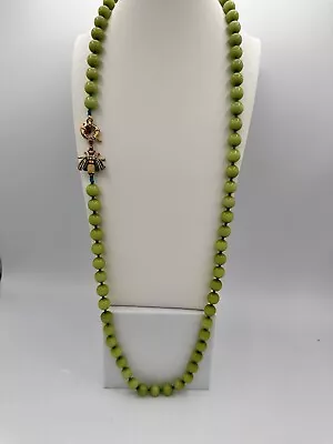 J. Crew Crystal Bee Bug Clasp Hand Knotted Key Lime Green Bead Necklace 32 Inch • $25.50