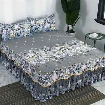 Lace Trim Trilateral Bed Skirt Three-piece Set Anti-slip Mattress Cover • $39.39