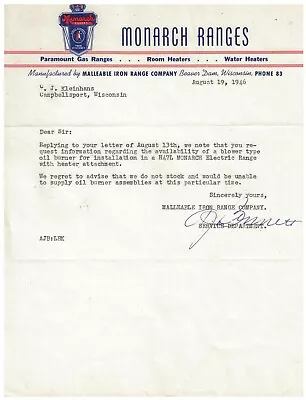 1946 Typed Letter Monarch Electric Ranges Beaver Dam Wisconsin • $12