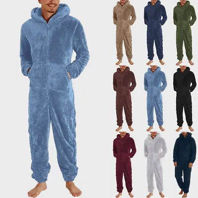 Mens Fleece Teddy Bear Hooded Jumpsuit 1Onesie Dressing Gown Bathrobe Pajamas • £20.39