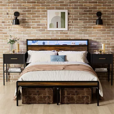 Queen Size Heavy Duty Metal Bed Frame W/Wooden LED Storage Headboard & USB Ports • $171.99