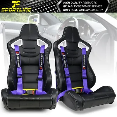 Universal Recline Racing Seat White Bezel Dual Slider PU&Carbon & Buckle Belt X2 • $391.99