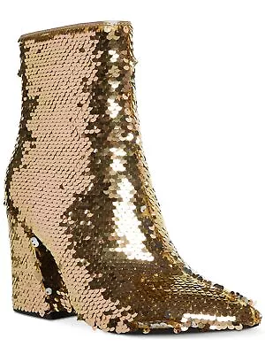 MADDEN GIRL Womens Gold Sequined Cody Pointed Toe Block Heel Zip-Up Booties 6 M • $37.99