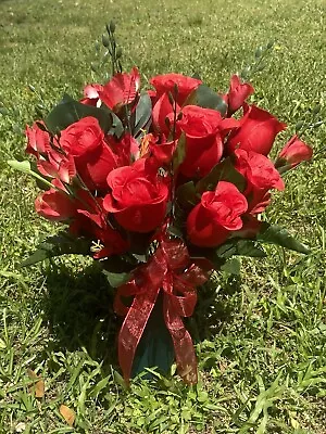 Cemetery Vase Memorial Silk Flower Arrangement Red Roses & Gladiolas • $35