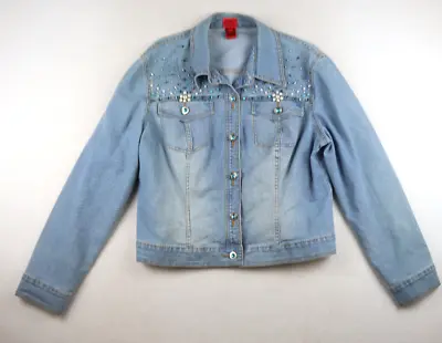 $22.49 • Buy V Cristina - Light Wash Embellished Pearl Rhinestone Studded Denim Jacket - L
