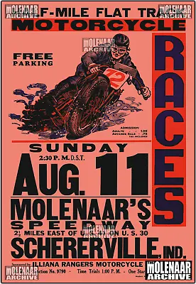 Vintage Molenaar Speedway Race Poster ½ Mile Flat Track Aug 11 Harley • $17.99