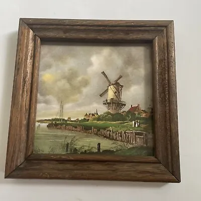 Framed Tile Hand Painted Windmill Mid State Ceramic Holland Vintage Decor Vgc • £22.99