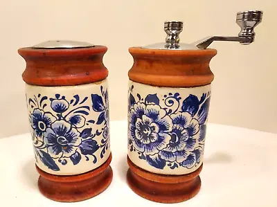 Vintage Blue Delft Pepper Grinder & Salt Shaker Ceramic & Wood Pepper As Found • $8.95