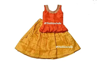 Orange & Yellow Designer Pavadai Set Kids Lehenga Indian Lehenga Ethnic Wear • $31.68