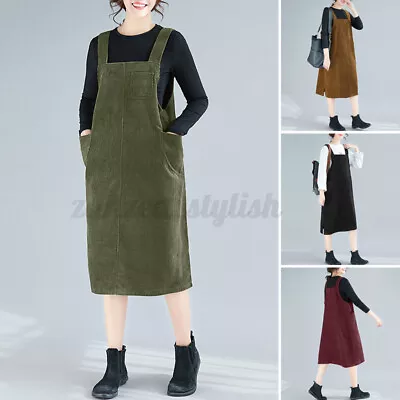 ZANZEA Women Plus Size Wide Strap Square Collar Corduroy Midi Dress Side Pockets • $26.28