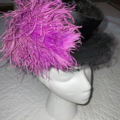 True Vintage 1940s Black HAT Wool By Henri Bendel Veil Pink Feather Tilt Hat • $55