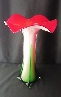 TRUMPET LILLY*Hand Blown Murano Style Art Glass Vase*Red~Orange~Green~White*X-LG • $35