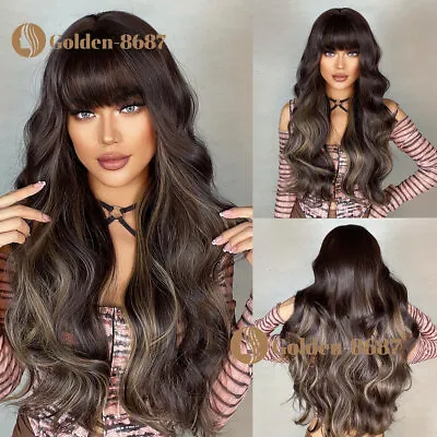 US 24 Inch Hair Wigs With Bangs For Women Brown Mix Highlights Blonde Long Wave • $20.39
