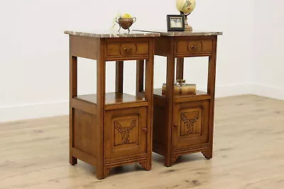 Pair Of Antique Oak & Marble Nightstands End Tables Bakelite #48691 • $2000