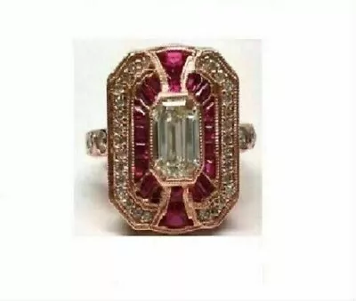 Vintage Art Deco Style Red Ruby 2CT Lab Created Diamond Wedding 14K Gold FN Ring • $73.50