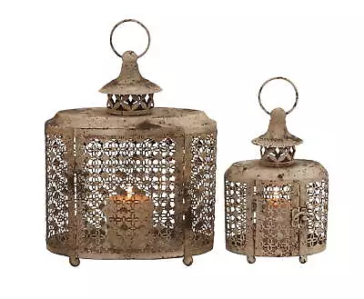 2 Holder Beige Metal Decorative Candle Lantern With Intricate Scroll Work • $34.19