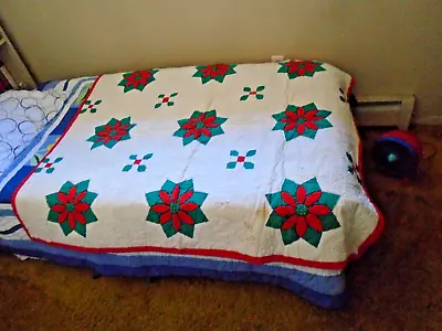 Vintage Handmade Holiday Christmas Throw Quilted W Red Poinsettias 58 X 52  O-13 • $52
