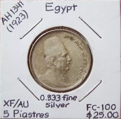 AH1341 (1923) Egypt 5 Piastres Fuad I (0.833 Fine Silver) XF (spotty Toning) • $18.99