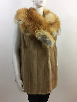 Sz L - Pastel Brown EXTRA LONG Mink Fur Vest Coat - Red Fox Collar - New Lining • $299.99