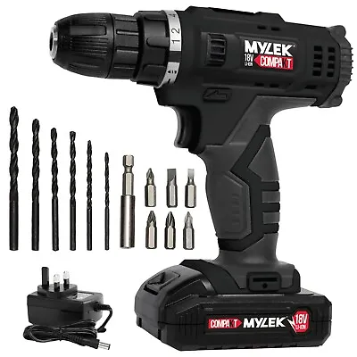 Mylek Cordless Drill 18V Electric Screwdriver DIY Set Li-Ion Combi Driver Kit • £29.99