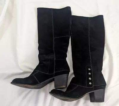 NINE WEST Black Suede Chunky 2.5  Heel Riding Knee Boots Sz 9 Vintage America • $32