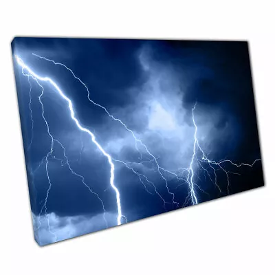 Dramatic Stormy Dusky Cloudy Blue Sky Lightning Strikes Wall Art Print On Canvas • £17.26