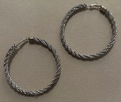 Vintage Gold Silver Tone Large Hoop Pierced Earrings 3 1/4” Box F • $5.99