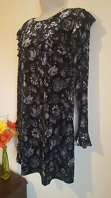 Grey Silver Black Stretchy Velvet Tunic Shift Dress Size 14 New Look Ruffle Arm • £20