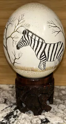 $34.99 • Buy Vintage Ostrich Egg Hand Painted Zebras With Wood Carved Stand From Thailand
