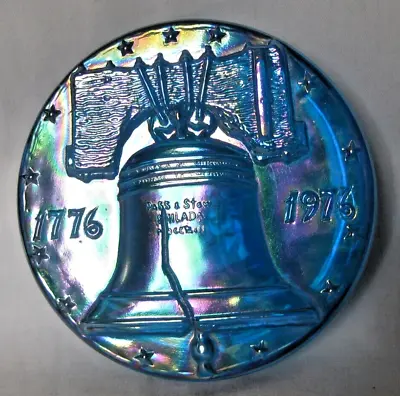 Holly City Bottle Blue Iridescent Carnival Glass Paperweight Liberty Bell 1976 • $16