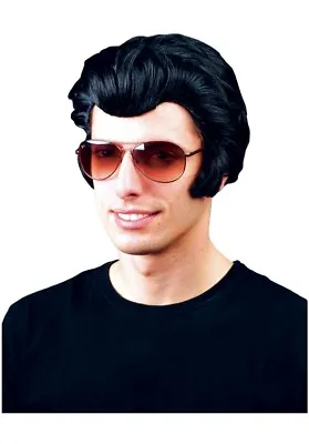 Men ROCK N ROLL WIG Black Hair 50s Fancy Dress Accessory Elvis Presley King 1950 • £18.95