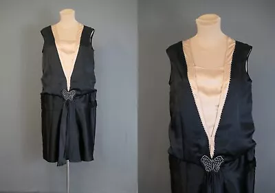 Vintage 1920s Dress Black & Peach Silk Satin Rhinestones Butterfly 36B • $75