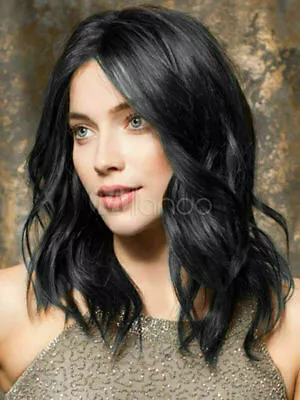 100% Human Hair Wig Medium Long Black Wavy Wig Black Wigs Wig • £13.12