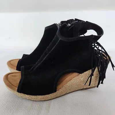 Minnetonka Jute Wedge Sandal Size 11 Suede Leather Fringe Zip Blaire Black  • $30