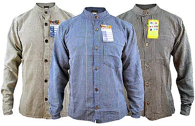 Men's Grandad Striped Collarless Cotton Long Sleeve Full Button Nepalese Shirts • $22.37