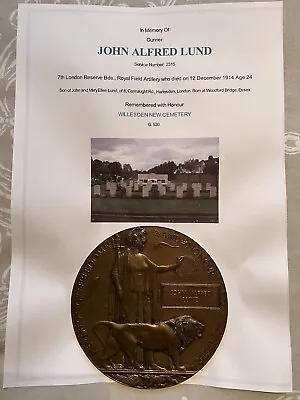 £100 • Buy WW1 Death Plaque Penny John Alfred Lund 1914 Casualty Willesden Cemetery UNIQUE