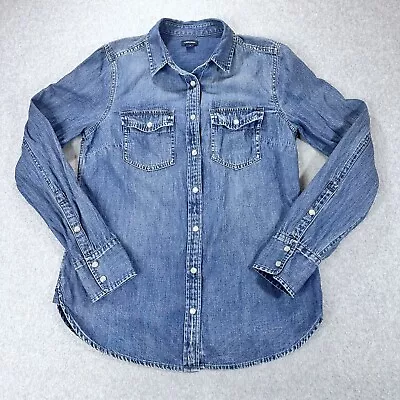 J Crew Women's Denim Pearl Snap Shirt Size 4 Western Cowgirl Chambray Blue • $19.54