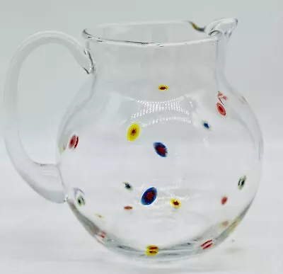 GLASS PITCHER Murano Style Millefiori Clear Eith Multicolored Flowers Large • $55