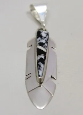 $37.50 • Buy Navajo Indian Pendant 50% Off Feather White Buffalo Inlay Sterling Mary Yazzie