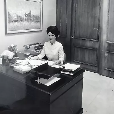 Vintage Black And White Photo Woman Holding Papers Desk Business Office Working • $10.04