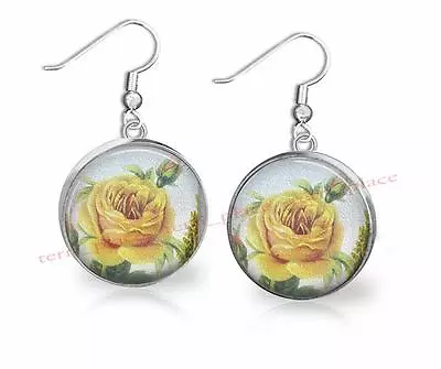 Vintage Yellow Rose Glass Top Dangle Earrings Handcrafted Jewelry Custom Made • $12.95